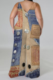 Baby Blue Casual Street Faux Denim Print Contrast V Neck Plus Size Jumpsuits(With a turban)