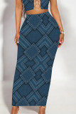Medium Blue Casual Street Geometric Print Faux Denim Print Contrast Skinny High Waist Full Print Bottoms