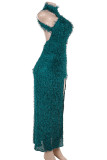 Blue Elegant Solid Color Hollow Out Patchwork O Neck Long Dresses
