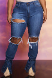 Baby Blue Fashion Casual Solid Ripped Hollowed Out Slit High Waist Regular Jeans