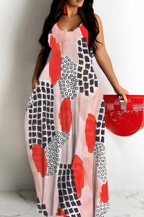 Pink Sexy Casual Print Backless Spaghetti Strap Long Dresses