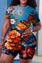 Lake Blue Casual Butterfly Print Basic O Neck Short Sleeve Two Pieces