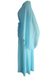 Light Blue Street Solid Color Patchwork Strap Design Cardigan Collar Outerwear