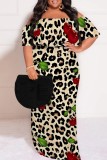 Leopard Print Casual Floral Print Patchwork Off Shoulder Long Plus Size Dresses