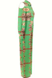 Green Casual Print Hollow Out Buttons Patchwork Turndown Collar Bodycon Jumpsuits