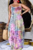 Light Purple Sexy Casual Floral Print Backless Spaghetti Strap Long Dresses
