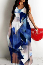 Blue Sexy Casual Print Backless Spaghetti Strap Long Dresses