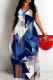 Blue Sexy Casual Print Backless Spaghetti Strap Long Dresses