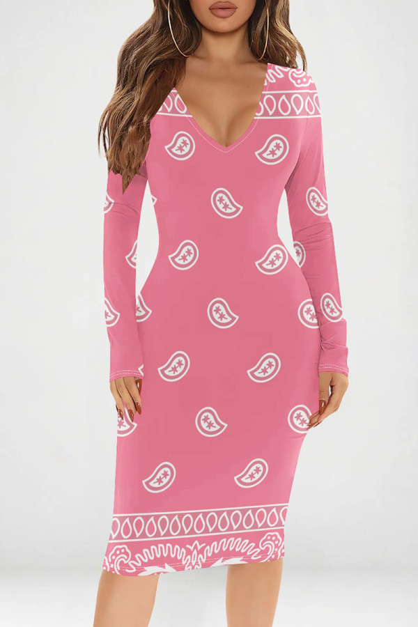 Pink Sexy Print Patchwork V Neck Wrapped Skirt Dresses