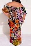 Leopard Print Casual Floral Print Patchwork Off Shoulder Long Plus Size Dresses