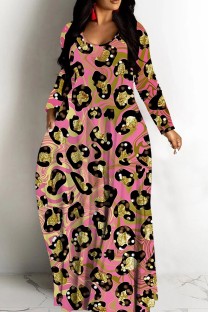 Khaki Casual Leopard Print Basic V Neck Long Dresses