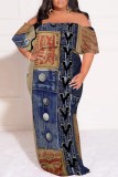 The cowboy blue Casual Faux Denim Print Patchwork Off Shoulder Long Plus Size Dresses