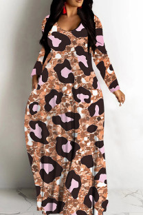 Orange Casual Leopard Print Basic V Neck Long Dresses