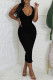 Black Sexy Solid Color Buttons Patchwork Button Collar Long Dresses