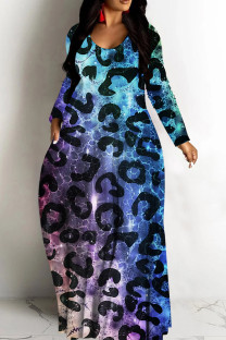 Peach Casual Leopard Print Basic V Neck Long Dresses