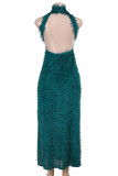 Blue Elegant Solid Color Hollow Out Patchwork O Neck Long Dresses