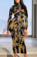 Black Gold Casual Print Patchwork Turtleneck Long Dresses