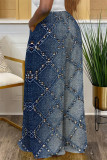 Medium Blue Casual Street Faux Denim Print Pocket Contrast Loose High Waist Wide Leg Full Print Bottoms