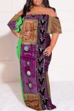 The cowboy blue Casual Faux Denim Print Patchwork Off Shoulder Long Plus Size Dresses