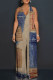Blue Coffee Sexy Street Faux Denim Print Backless Halter Loose Jumpsuits