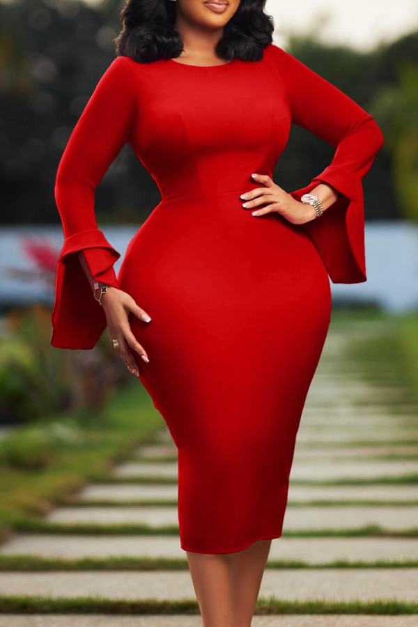Red Elegant Solid Color Patchwork O Neck Wrapped Skirt Dresses