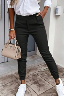 Black Street Solid Color Pocket Patchwork Regular Mid Waist Pencil Patchwork Bottoms