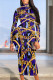 Blue Casual Print Patchwork Turtleneck Long Dresses