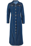 Blue Street Solid Color Buckle Patchwork High Slit Turndown Collar Long Sleeve Straight Denim Dresses