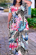 Pink Casual Print Basic O Neck Long Plus Size Dresses