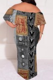 The cowboy blue Casual Faux Denim Print Patchwork Off Shoulder Long Plus Size Dresses