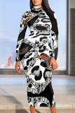 Blue Casual Print Patchwork Turtleneck Long Dresses