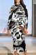 Black And White Casual Print Patchwork Turtleneck Long Dresses