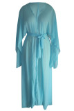 Light Blue Street Solid Color Patchwork Strap Design Cardigan Collar Outerwear