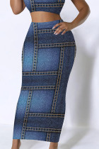 Dark Blue Casual Street Geometric Print Faux Denim Print Contrast Skinny High Waist Full Print Bottoms