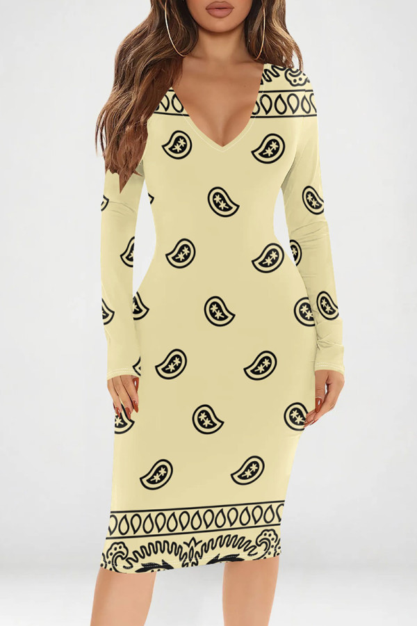 Apricot Sexy Print Patchwork V Neck Wrapped Skirt Dresses