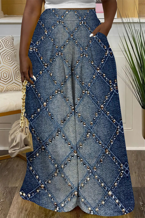 Medium Blue Casual Street Faux Denim Print Pocket Contrast Loose High Waist Wide Leg Full Print Bottoms