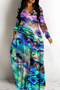 Turquoise Casual Leopard Print Basic V Neck Long Dresses