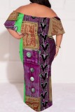 The cowboy blue Casual Faux Denim Print Patchwork Off Shoulder Long Plus Size Dresses