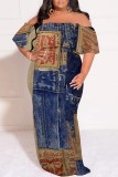 The cowboy blue Casual Faux Denim Print Patchwork Off Shoulder Long Plus Size Dresses
