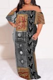 The cowboy blue Casual Faux Denim Print Patchwork Off Shoulder Long Plus Size Dresses