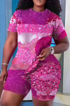 Rose Pink Casual Print Basic O Neck Short Sleeve Two Pieces