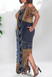 Multicolor Sexy Street Faux Denim Print Pocket Slit Contrast U Neck Printed Plus Size Dresses