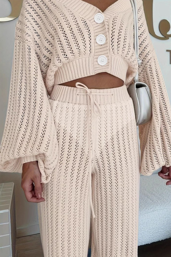 Apricot Casual Solid Color Hollow Out Buckle Patchwork V Neck Long Sleeve Two Pieces