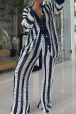 Navy Blue Casual Stripe Buckle Patchwork Button Collar Long Sleeve Two Pieces