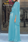 Light Blue Street Solid Color Patchwork Strap Design Cardigan Collar Outerwear
