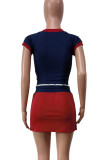 Royal Blue Casual Letters Draw String Patchwork V Neck Short Sleeve Two Pieces