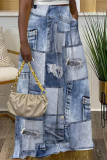 Medium Blue Casual Street Faux Denim Print Pocket Contrast Loose High Waist Wide Leg Full Print Bottoms