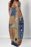 Dark Blue Sexy Street Faux Denim Print Pocket U Neck Printed Dresses