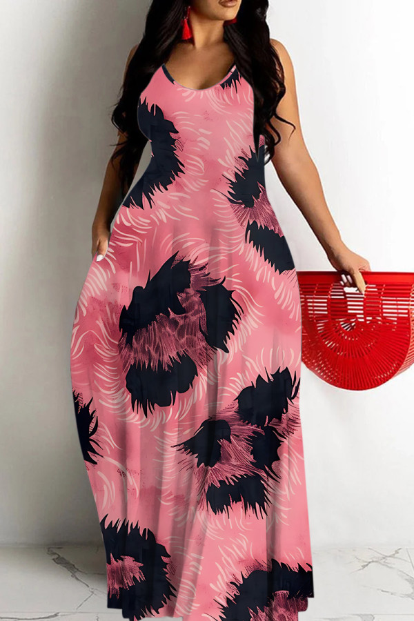Peach Sexy Casual Print Backless Spaghetti Strap Long Dresses