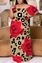 Red Casual Floral Print Patchwork Off Shoulder Long Plus Size Dresses